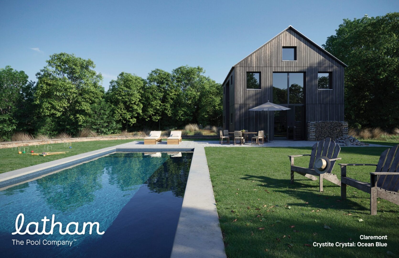 A pool and some chairs in front of a house.