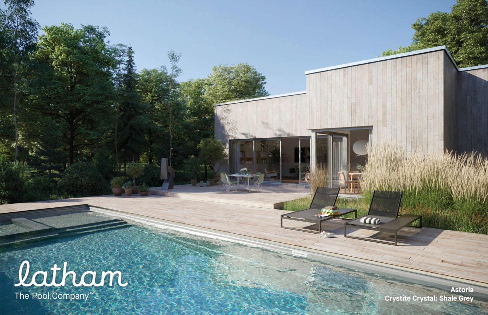 A pool with chairs and trees in the background